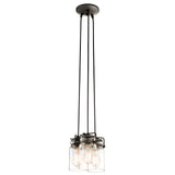 The Brinley 3 Light Pendant in bronze is a contemporary industrial light fixture that exudes vintage charm. It features three hanging Edison bulbs encased in clear glass jars and suspended by black cords from a circular bronze ceiling mount.