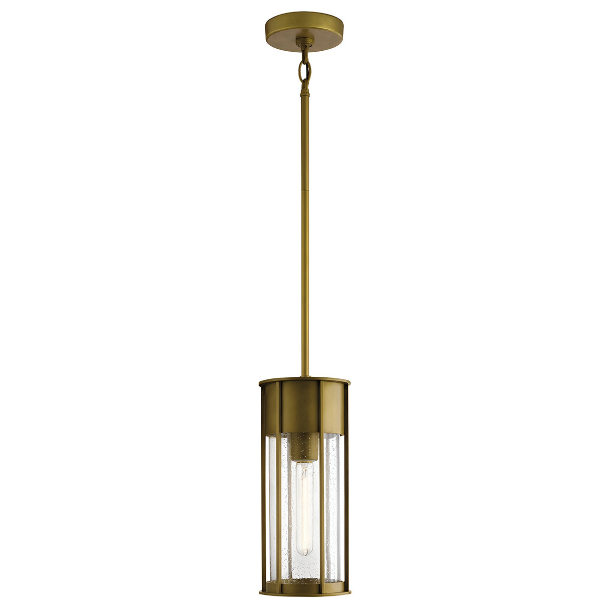 The Camillo Outdoor 1 Light Pendant in natural brass showcases a cylindrical design with clear seeded glass encasing a single vertical bulb. It boasts a sleek, modern appearance and is suspended by a long natural brass rod with a circular ceiling mount.