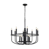 The Capitol Hill 12 Light Chandelier - Black features a modern and minimalist design, showcasing candle-shaped bulbs arranged in two tiers and suspended from a chain, making it a stylish focal point for any room.