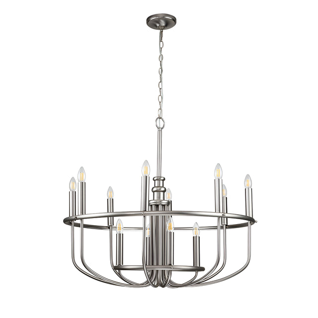 The Capitol Hill 12 Light Chandelier - Brushed Nickel is a contemporary piece that combines classic elegance with modern simplicity. It hangs from a chain and showcases two circular tiers, each adorned with candle-like light bulbs.