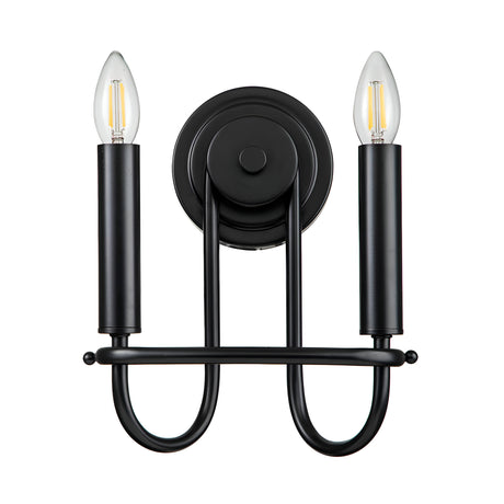 The Capitol Hill 2 Light Wall Light - Black is a wall sconce with a minimalist design, featuring two candle-shaped bulbs on vertically aligned cylindrical holders, complemented by a rounded base and curved support arms for elegant ambient lighting.