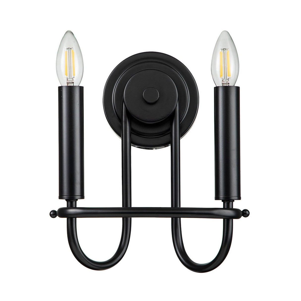 The Capitol Hill 2 Light Wall Light - Black showcases a contemporary black wall sconce equipped with two candle-style bulbs on cylindrical holders, all linked by an elegant, curved design. Its minimalist aesthetic and round base allow for simple wall installation while delivering sophisticated ambient lighting.