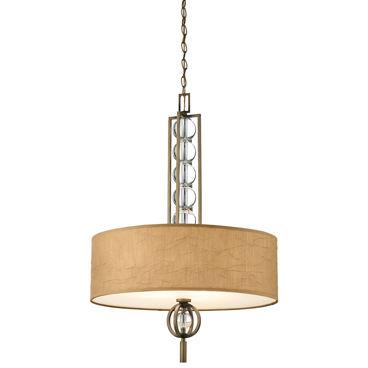 The Celestial 3 Light Pendant - Bronze showcases a contemporary design with its beige drum-shaped shade, hanging from a bronze chain. Its decorative optical crystal spheres and metallic finish elevate the sophistication of any room.