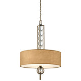 The Celestial 3 Light Pendant - Bronze showcases a contemporary design with its beige drum-shaped shade, hanging from a bronze chain. Its decorative optical crystal spheres and metallic finish elevate the sophistication of any room.