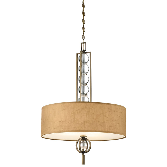 The Celestial 3 Light Pendant - Bronze showcases a contemporary design with its beige drum-shaped shade, hanging from a bronze chain. Its decorative optical crystal spheres and metallic finish elevate the sophistication of any room.
