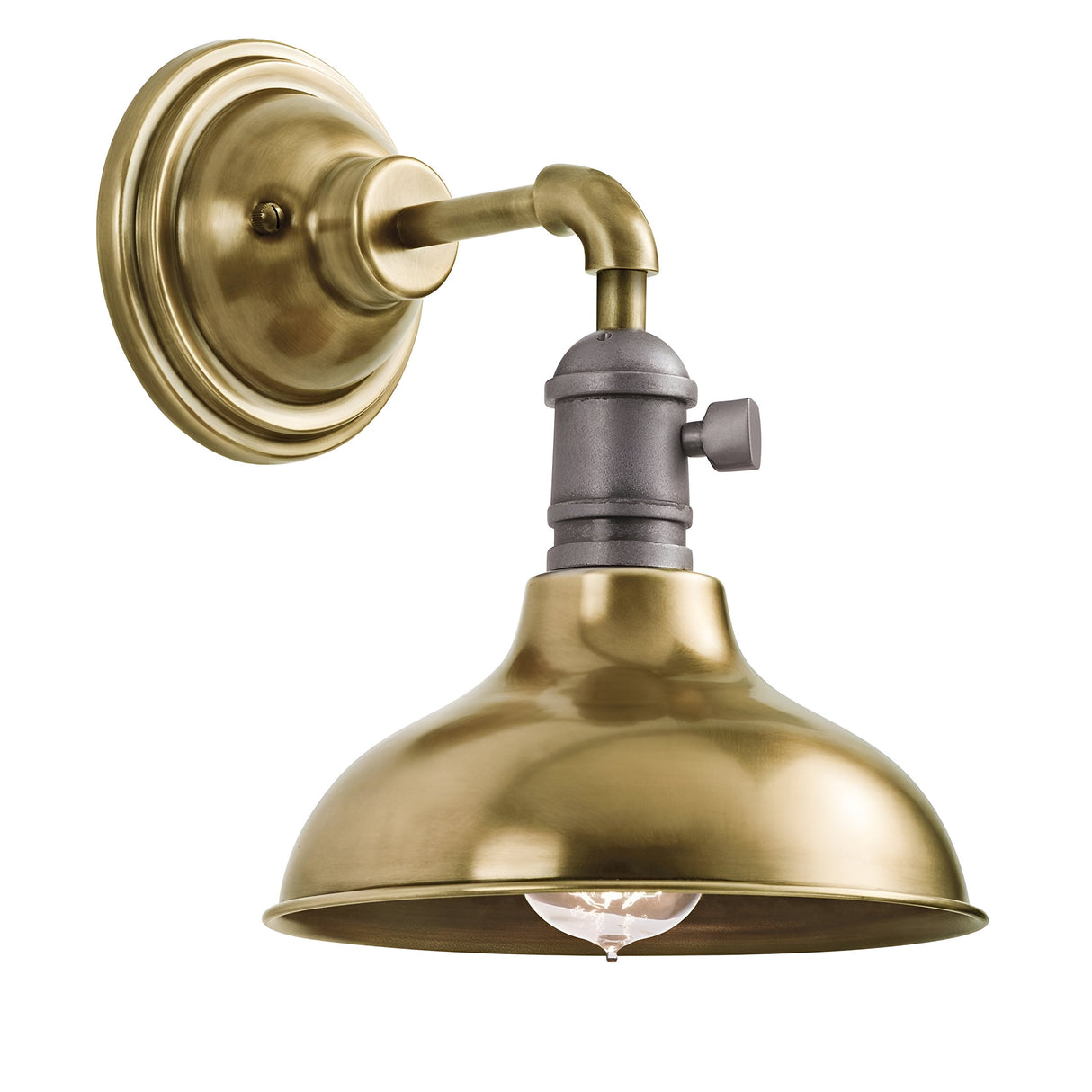 The Cobson 1 Light Wall Light in natural brass showcases a vintage-industrial design with an adjustable arm and a wide, reflective shade. This wall-mounted fixture is crafted to accommodate a single bulb, offering a classic and elegant style ideal for enhancing indoor decor.