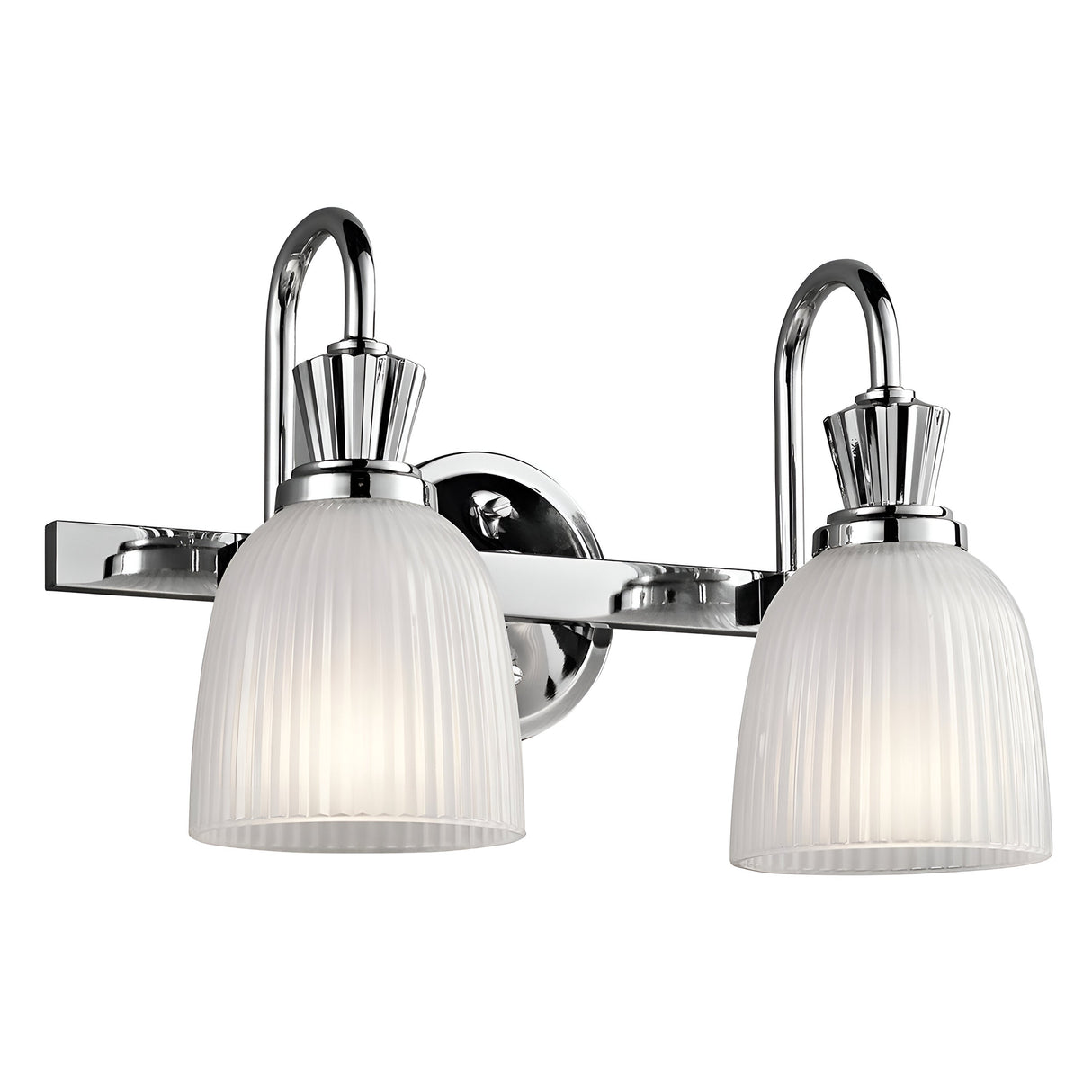 Introducing the Cora 2 Light Wall Light in a polished chrome finish with frosted glass shades. This LED-compatible fixture is perfect for bathroom lighting, featuring two lights mounted on a horizontal bar, each with a sleek curved arm to provide a stylish and contemporary lighting solution.