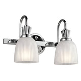 Introducing the Cora 2 Light Wall Light in a polished chrome finish with frosted glass shades. This LED-compatible fixture is perfect for bathroom lighting, featuring two lights mounted on a horizontal bar, each with a sleek curved arm to provide a stylish and contemporary lighting solution.