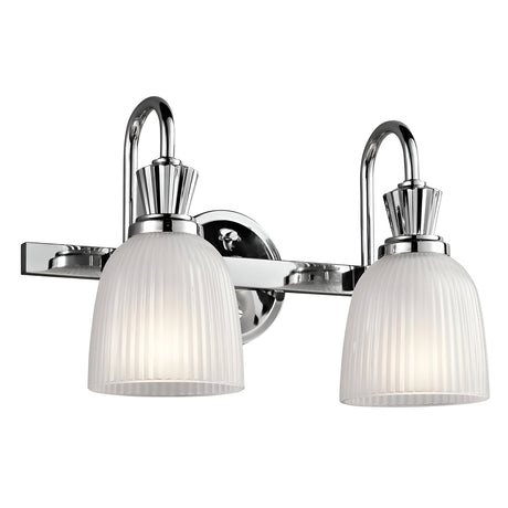 Introducing the Cora 2 Light Wall Light in a polished chrome finish with frosted glass shades. This LED-compatible fixture is perfect for bathroom lighting, featuring two lights mounted on a horizontal bar, each with a sleek curved arm to provide a stylish and contemporary lighting solution.