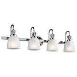 The Cora 4 Light Wall Light in polished chrome is a contemporary bathroom lighting fixture featuring four LED lamps and ribbed glass shades. The design showcases symmetrical lamp shades that dangle gracefully from a streamlined horizontal bar, infusing any space with an air of sophistication.