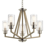 The Deryn 5 Light Chandelier - Antique Grey showcases a contemporary design with a geometric wooden frame and five glass-encased light bulbs arranged in a circular pattern. Exuding rustic allure, it features an antique grey finish and includes a metal chain for hanging.