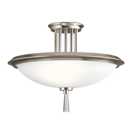The Dreyfus 3 Light Semi Flush in silver exudes modern elegance with its brushed nickel finish and frosted glass dome. Featuring a tiered metal base with vertical rods, an optical crystal accent, and a decorative finial beneath the glass, it adds a refined touch to any space.