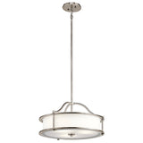 The Emory 3 Light Duo-Mount Pendant/Semi-Flush boasts a sleek contemporary design, featuring a circular fabric drum shade with brushed nickel accents. It is suspended from the ceiling by a narrow rod, and its silver finish makes it well-suited for various interior settings.
