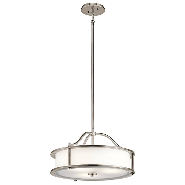 The Emory 3 Light Duo-Mount Pendant/Semi-Flush boasts a sleek contemporary design, featuring a circular fabric drum shade with brushed nickel accents. It is suspended from the ceiling by a narrow rod, and its silver finish makes it well-suited for various interior settings.