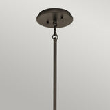 A close-up of the Emory 3 Light Duo-Mount Pendant/Semi-Flush in Olde Bronze, showcasing its circular base and elongated rod design. This contemporary lighting fixture is displayed against a plain, light gray background.
