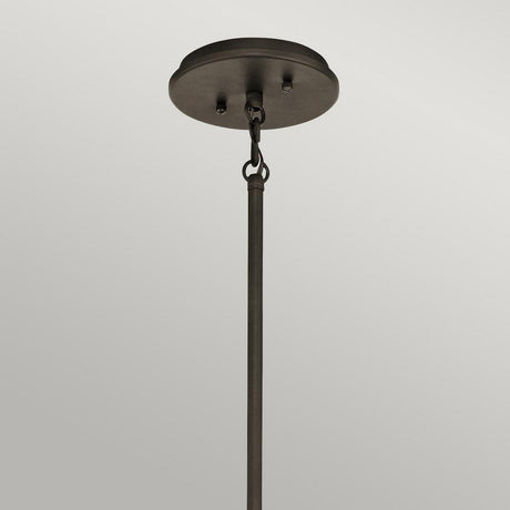 A close-up of the Emory 3 Light Duo-Mount Pendant/Semi-Flush in Olde Bronze, showcasing its circular base and elongated rod design. This contemporary lighting fixture is displayed against a plain, light gray background.