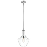 The Everly 1 Light Small Pendant - Chrome features a modern design with a clear glass shade and chrome finish, hanging from a sleek metal rod. Its transparent shade elegantly showcases a single exposed bulb, making it an ideal addition for vintage-inspired decor.