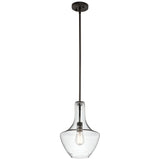 The Everly 1 Light Small Pendant in Olde Bronze boasts a sleek and minimalist design featuring a bell-shaped, clear seeded glass shade and an exposed vintage-style LED filament bulb hanging from a black rod.