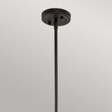The Everly 1 Light Small Pendant - Olde Bronze showcases a sleek black design, gracefully hanging against a light gray backdrop. Its minimalist and modern style is accentuated by a delicate seeded glass shade, perfectly paired with an Olde Bronze finish.