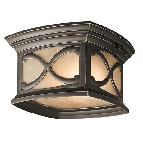 Introducing the Franceasi Outdoor 2 Light Flush in Olde Bronze, featuring a square design with amber-tinted glass panels and decorative curved metal accents. This classic and elegant light casts a warm, inviting glow, making it an ideal choice for outdoor flush mount settings.
