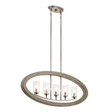 Introducing the Grand Bank 5 Light Chandelier in Antique Grey, featuring a sleek oval metal frame with five bulbs encased in clear glass. This chandelier is suspended by two metal rods and seamlessly blends contemporary and industrial styles. Its brushed nickel finish adds to its rustic charm.