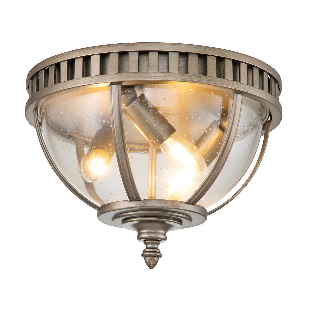The Halleron Outdoor 3 Light Ceiling Flush in Burnished Bronze boasts a vintage-style design, showcasing a clear glass dome that elegantly reveals two glowing light bulbs within. The fixture features a decorative finial at the bottom and includes a ring with vertical slits around the top, subtly inspired by Victorian-style design elements.