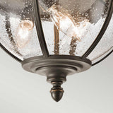 Close-up of the Halleron Outdoor 3 Light Ceiling Flush - Bronze, featuring a dark metal frame and textured glass dome. The Victorian design showcases visible light bulbs, while the bronze finish and bubbles in the glass enhance its decorative appeal.