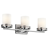 Introducing the Hendrik 3 Light Wall Light in polished chrome, featuring three horizontally arranged cylindrical white frosted glass shades. This modern fixture, with an IP44 rating, includes a sleek rectangular backplate and horizontal bar to gracefully illuminate your bathroom.