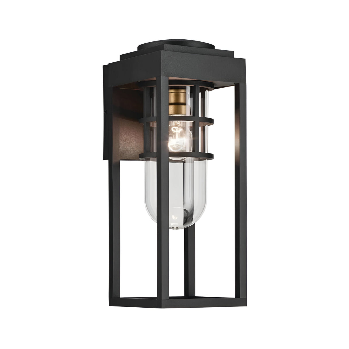 The Hone Coastal 1 Light Medium Outdoor Wall Lantern - Black features a modern rectangular metal frame, clear glass enclosure, and visible bulb—ideal weather-resistant lighting for any exterior space.