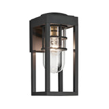 The Hone Coastal 1 Light Small Outdoor Wall Lantern in black features a modern rectangular metal frame, clear glass shade, visible bulb, and open sides. This weather-resistant fixture is perfect for enhancing your coastal lighting style.