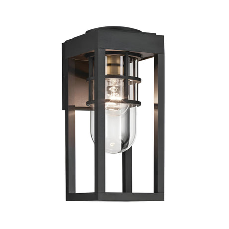 The Hone Coastal 1 Light Small Outdoor Wall Lantern in black features a modern rectangular metal frame, clear glass shade, visible bulb, and open sides. This weather-resistant fixture is perfect for enhancing your coastal lighting style.