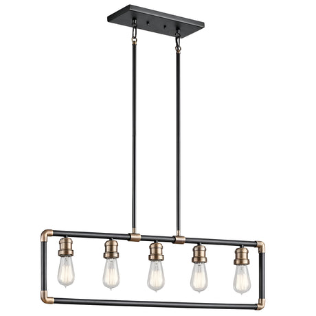 The Imahn 5 Light Bar Pendant in Black & Natural Brass showcases an industrial-inspired design with a rectangular metal frame and five exposed Edison-style LED bulbs. It suspends from a rectangular ceiling mount using two rods, with the bulbs evenly distributed to achieve a minimalist yet modern bar pendant appearance.