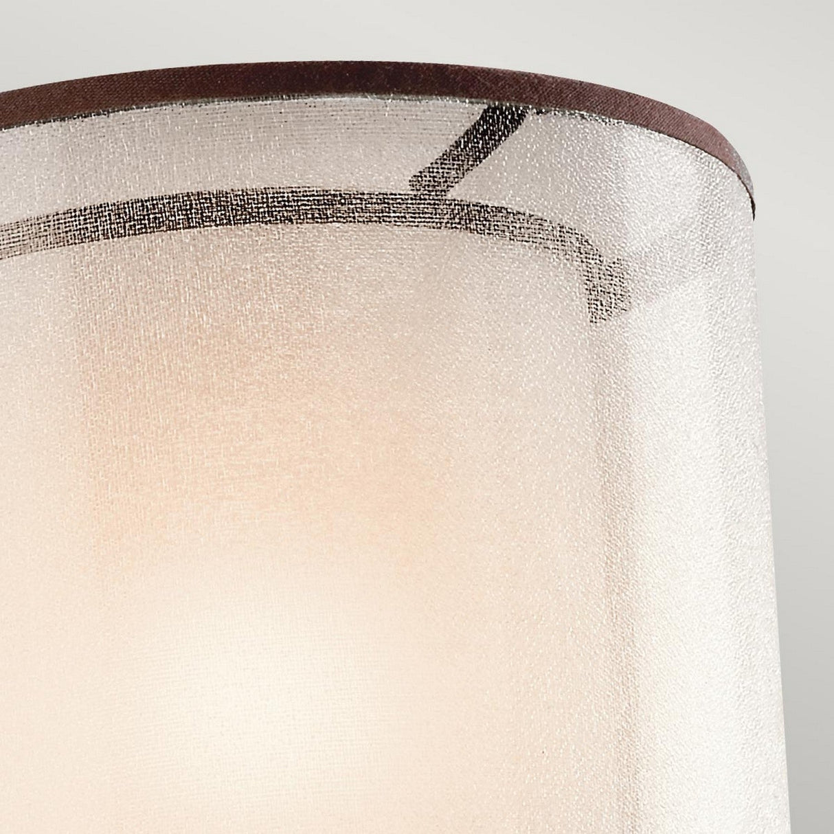 A close-up of the Lacey 1 Light Wall Light - Bronze showcases its textured lampshade with a woven fabric appearance, enhanced by an organza fabric accent. The lamp emits a warm, soft glow and is subtly framed by a metal border. The background features a neutral, light gray tone.