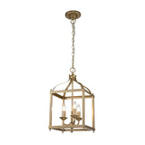 The Larkin 3 Light Medium Chandelier in natural brass boasts an open cage design, highlighting three candle-style bulbs. This elegant rectangular pendant light is suspended gracefully from a chain connected to a circular ceiling mount.