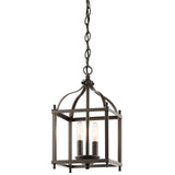 The Larkin 2 Light Small Chandelier in Olde Bronze exhibits a vintage-style design with a squared, open cage that houses two exposed Edison bulbs. It is suspended by a chain, blending a classic and industrial look.