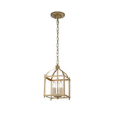 The Larkin 2 Light Small Chandelier in Natural Brass showcases a gold open cage-style design with two candle-shaped bulbs suspended from a chain, combining a rectangular frame with a dome-shaped top for an elegant and modern appearance.