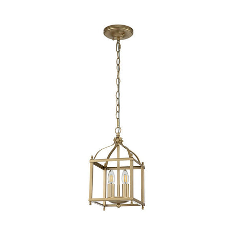 The Larkin 2 Light Small Chandelier - Natural Brass features an open cage design with two candle-style bulbs suspended within a sleek geometric frame, providing a warm and inviting glow.
