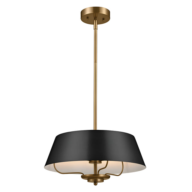 Introducing the Luella 3 Light Duo-Mount Chandelier/Semi-Flush in Black & Brass, a modern fixture featuring a sleek design with a brass finish. Its chic black and brass lampshade is perfectly suspended by a brass rod, providing versatile mounting options while enhancing any decor with an elegant and contemporary touch.
