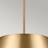 A close-up of the Luella 3 Light Duo-Mount Chandelier/Semi-Flush highlights its cylindrical design in brushed natural brass, featuring a smooth, reflective finish. This elegant lighting solution is suspended from a matching gold rod against a neutral background.