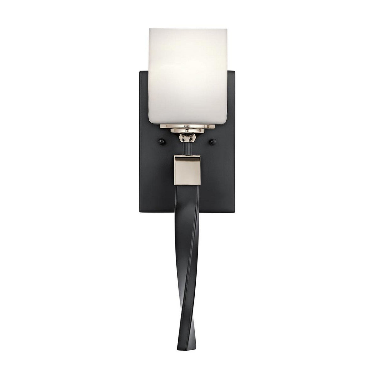 The Marette 1 Light Wall Light - Black and Nickel is a wall-mounted fixture featuring a sleek black metal base and a curved nickel arm. It includes a square opal glass shade that provides even light diffusion, offering an elegant modern design perfect for contemporary home decor.