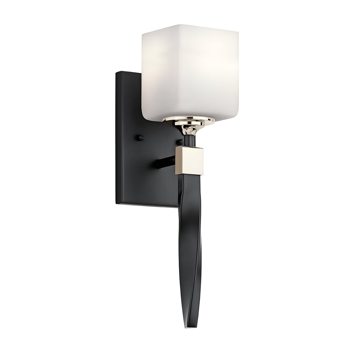 Introducing the Marette 1 Light Wall Light - Black and Nickel, featuring a sleek black base and a gracefully curved arm that supports an opal glass, cube-shaped lampshade. This design elegantly combines contemporary and minimalist styles, making it an ideal choice for enhancing both residential and commercial interiors.