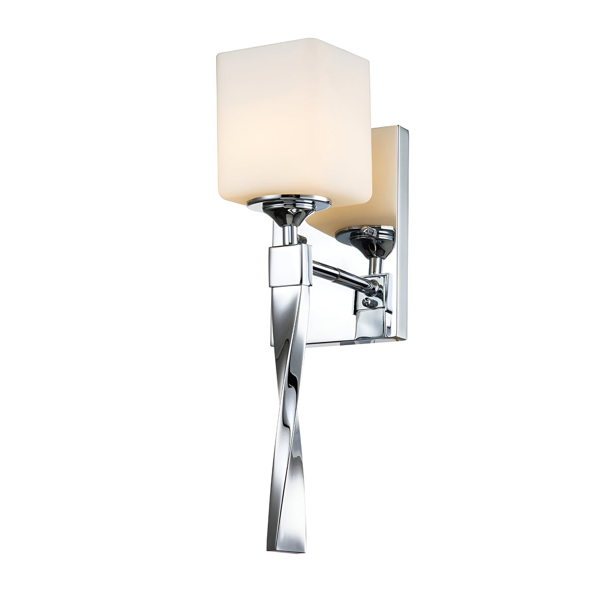 The Marette 1 Light Wall Light features a polished chrome finish and a white square frosted glass shade. Its design showcases a sleek, twisted metal arm connecting the base to the opal glass shade, offering a contemporary aesthetic.