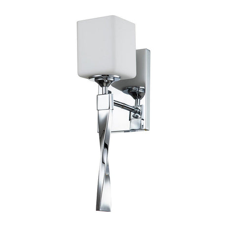 The Marette 1 Light Wall Light - Polished Chrome showcases a sleek, twisted polished chrome arm and an opal glass shade, elegantly mounted on a rectangular backplate.