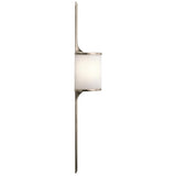 The Mona 2 Light Large Wall Light - Silver boasts a slender, metal frame in a silver finish, complemented by a cylindrical frosted glass shade. Its mid-century-inspired design infuses minimalist elegance, ideal for contemporary interiors.