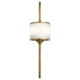 Introducing the Mona 2 Light Large Wall Light in Natural Brass, a modern fixture with a white cylindrical shade and a sleek natural brass finish. Featuring energy-efficient LED technology and a vertical rod design, it provides an elegant and contemporary look that's perfect for illuminating any space.
