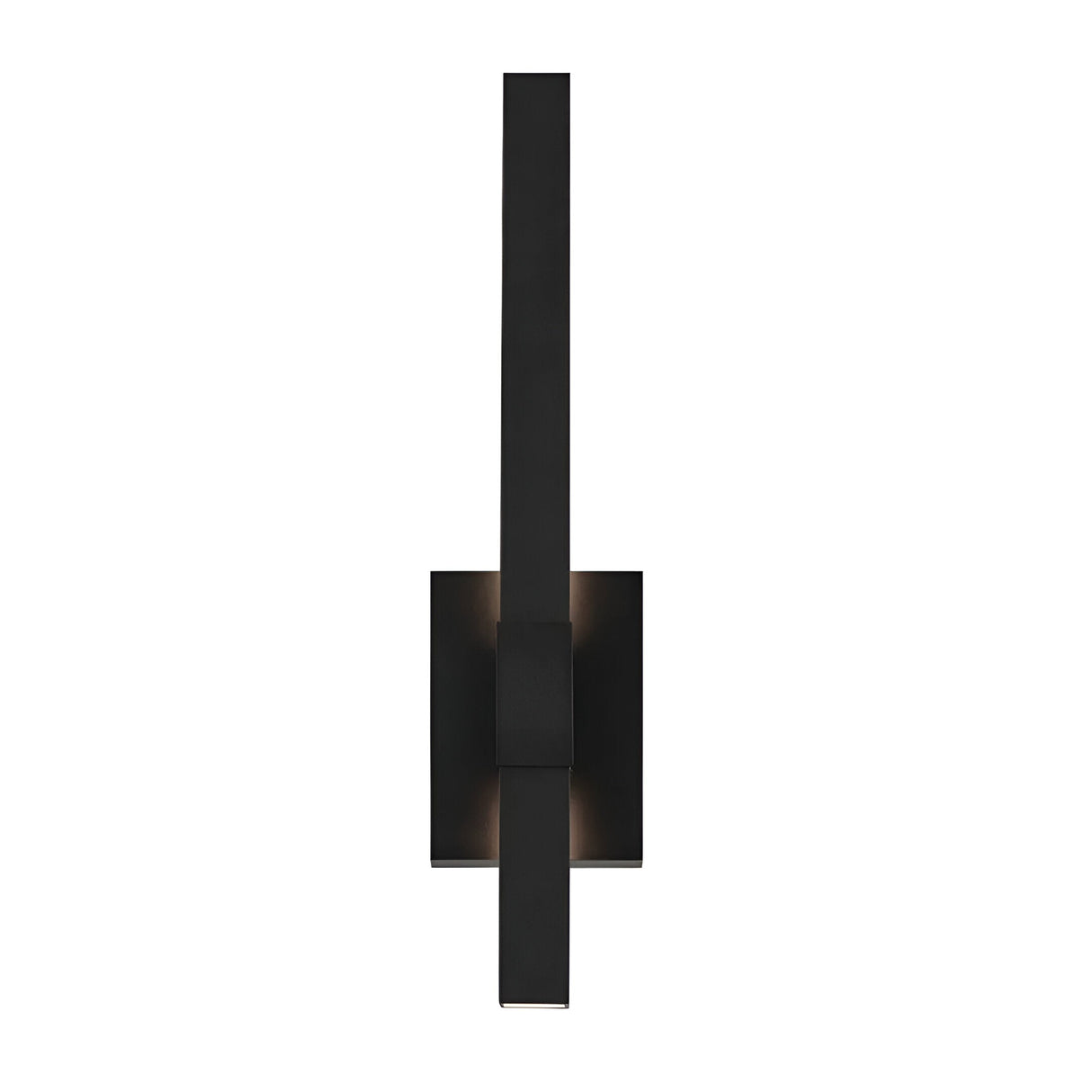 The Nocar LED Outdoor Medium Wall Light 20W 3000K in black features a modern design with a vertical rectangular bar intersecting a horizontal bar, mounted on a square base. Its minimalistic style is shown against a white background.