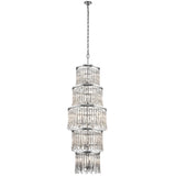 The Piper 18 Light Chandelier - Polished Chrome is a tall, elegant fixture featuring multiple tiers of hanging crystal tubes suspended from a polished chrome chain. Its design creates a cascading effect, reflecting light beautifully and adding a touch of luxury. Glass bead accents further enhance the frame's sophisticated appearance.