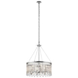 The Piper 6 Light Chandelier - Polished Chrome features a contemporary circular design with dangling crystal pendants and glass bead highlights. The chandelier's polished chrome frame is elegantly suspended by a long chain, providing a sleek and refined look suitable for any sophisticated setting.