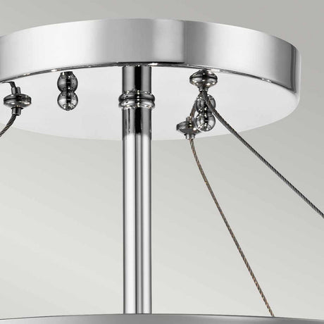 Close-up of the Piper 3 Light Semi Flush - Polished Chrome ceiling fixture, showcasing its circular base with three supporting cables. The design is sleek and enhanced with subtle glass bead accents, all set against a light gray background.