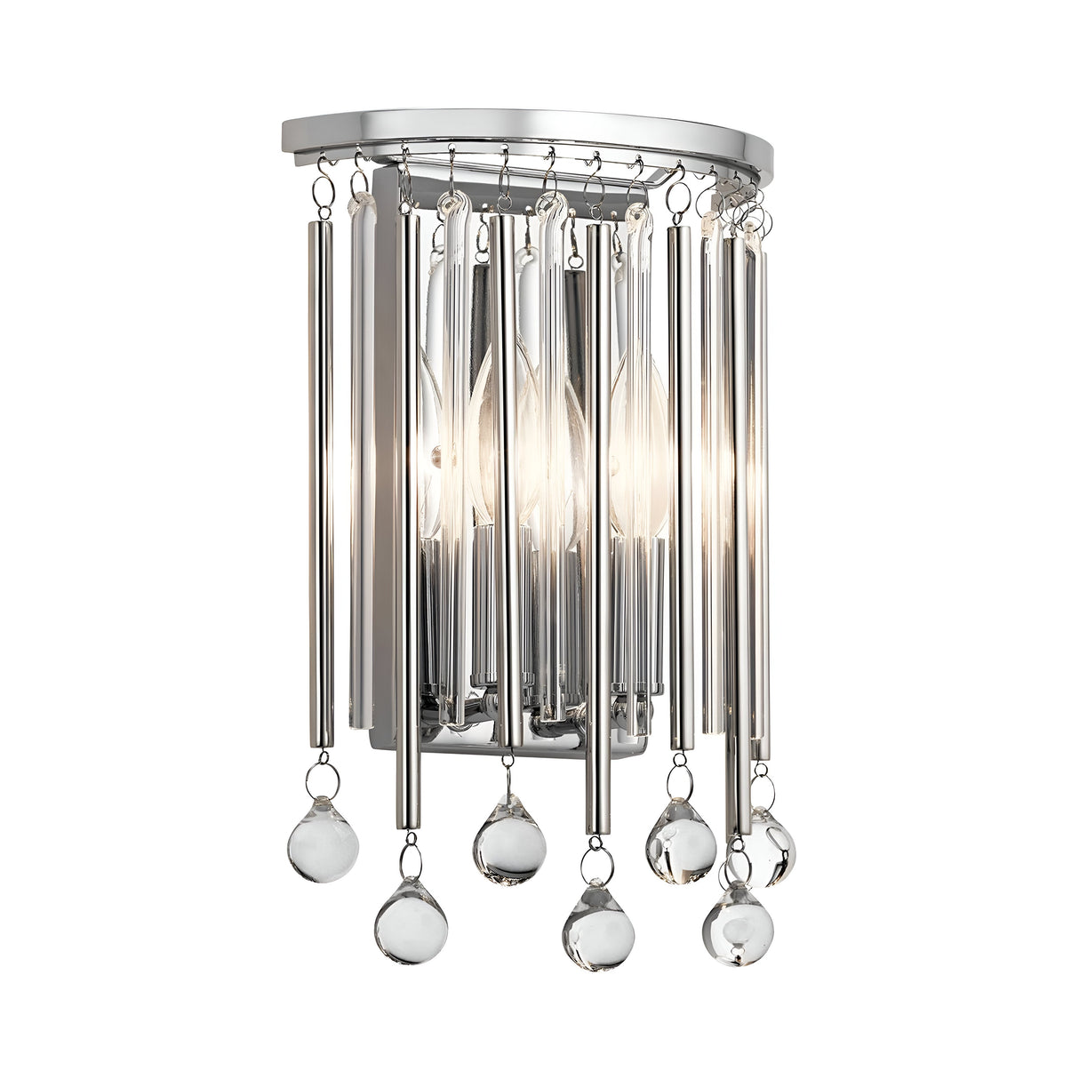 Introducing the Piper 2 Light Wall Light - Polished Chrome, designed with vertical polished chrome bars and adorned with hanging crystal balls. The two light bulbs create captivating reflections through its glass and metal components, making it perfect for adding a touch of elegance to any room.